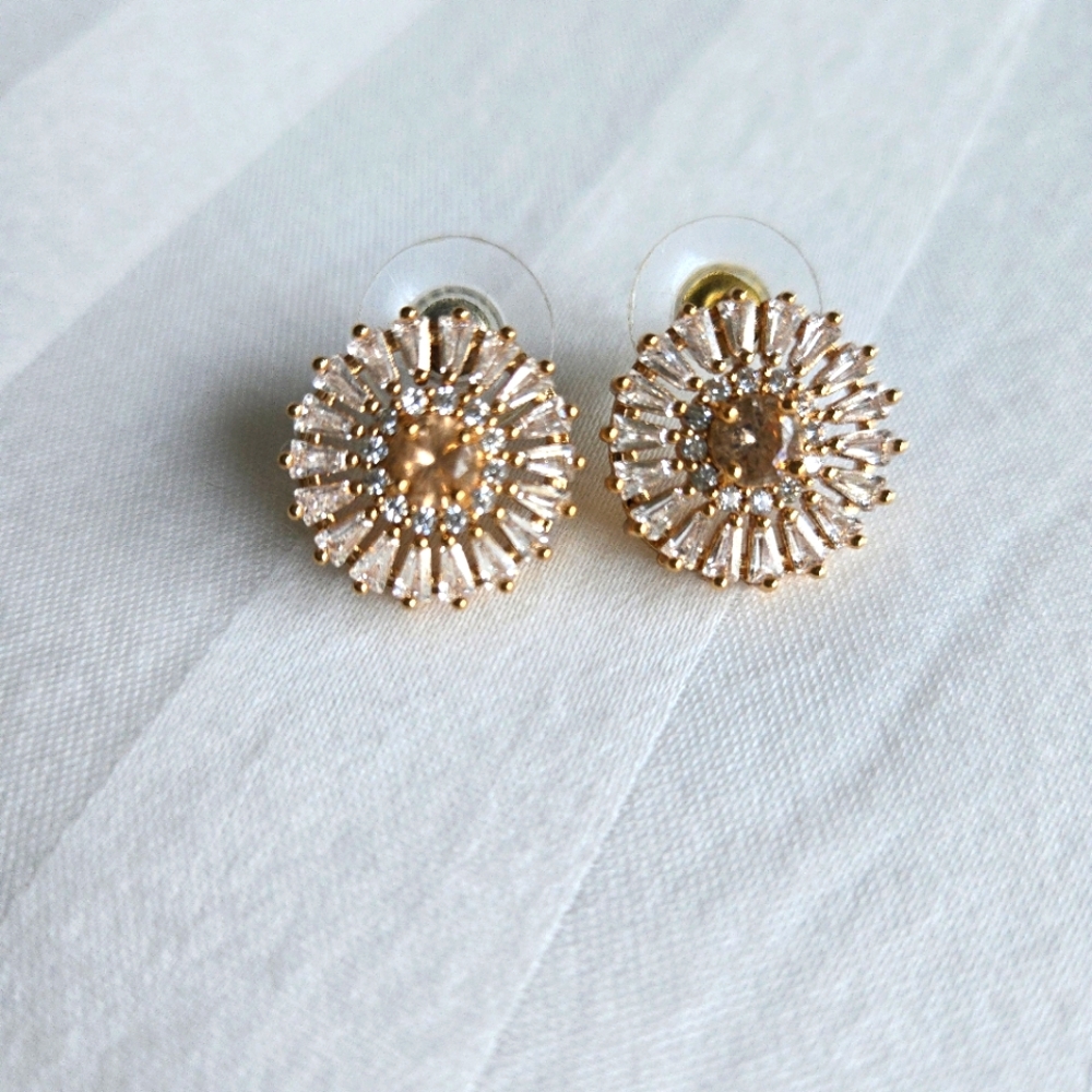 Sunshine Sunflower Button Rose Gold Cubic Zirconia CZ Round Stud Earrings